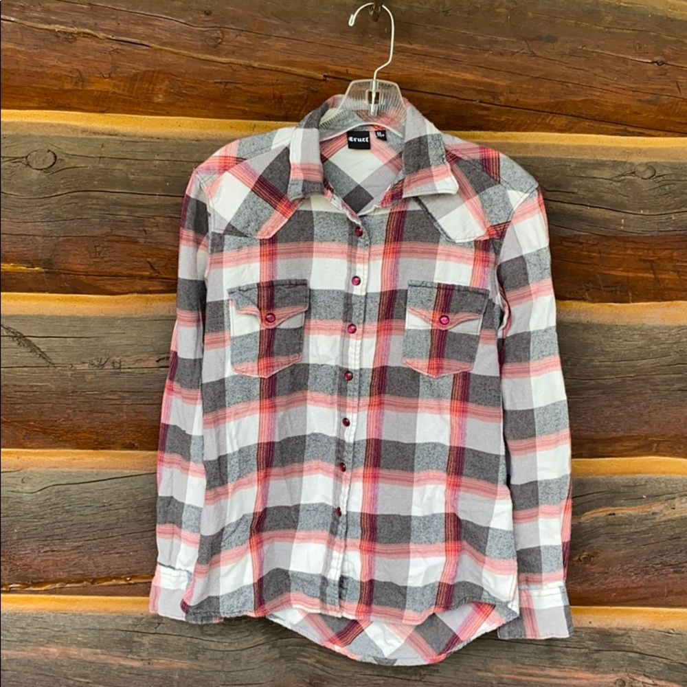 Pink and gray flannel snap shirt